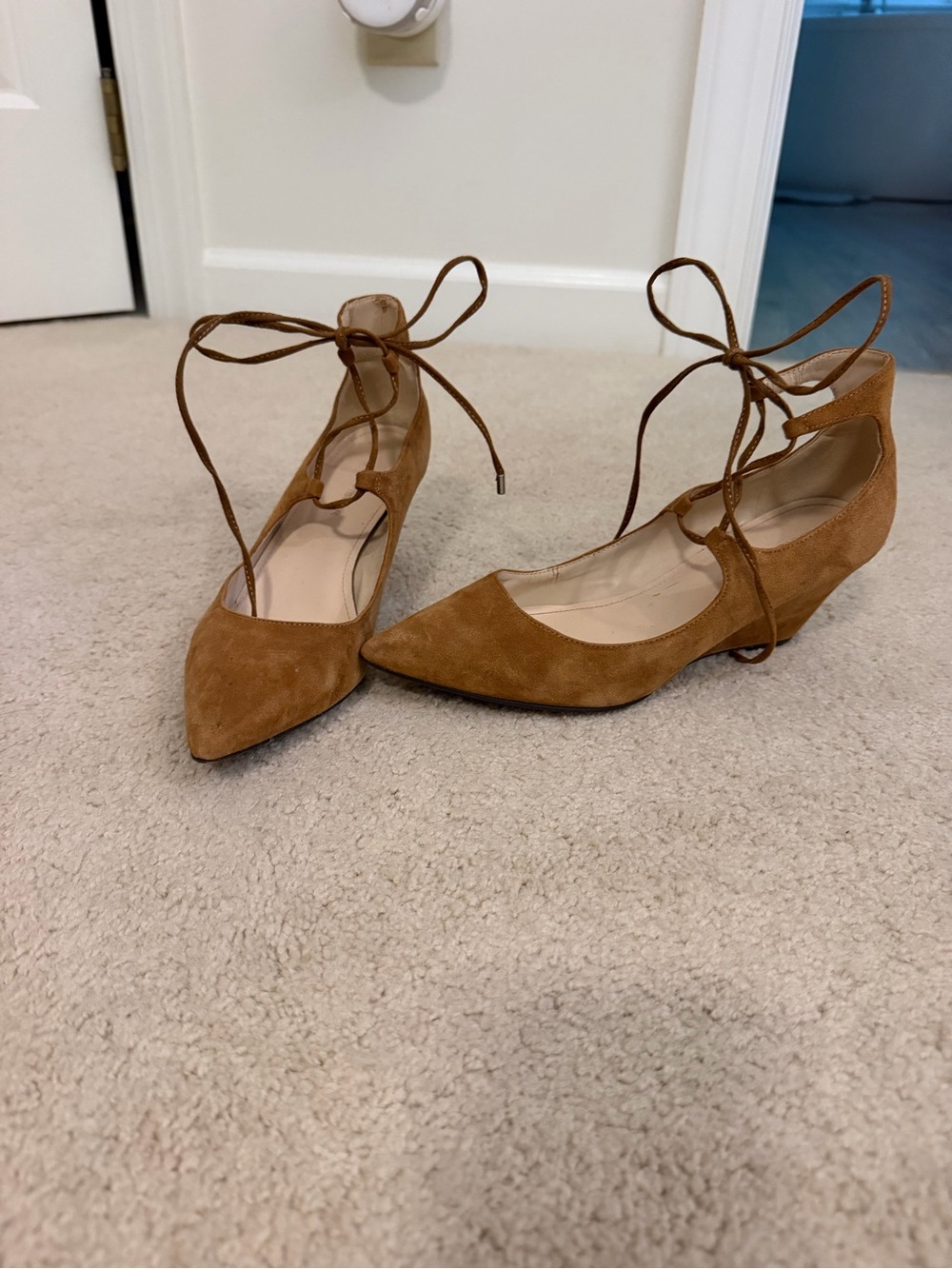 Marc Fisher Tan Suede Pointed Lace-Up Flats